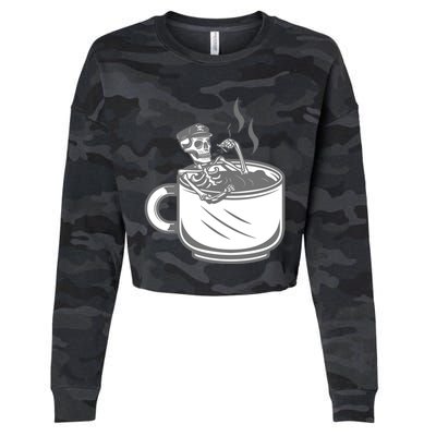 Halloween Skeleton Coffee Cup Vintage Retro Biker Great Gift Cropped Pullover Crew