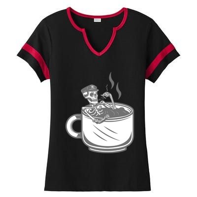 Halloween Skeleton Coffee Cup Vintage Retro Biker Great Gift Ladies Halftime Notch Neck Tee