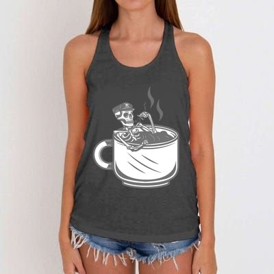 Halloween Skeleton Coffee Cup Vintage Retro Biker Great Gift Women's Knotted Racerback Tank