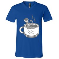 Halloween Skeleton Coffee Cup Vintage Retro Biker Great Gift V-Neck T-Shirt