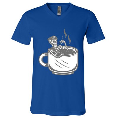 Halloween Skeleton Coffee Cup Vintage Retro Biker Great Gift V-Neck T-Shirt