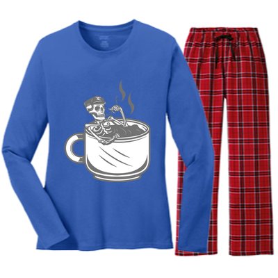 Halloween Skeleton Coffee Cup Vintage Retro Biker Great Gift Women's Long Sleeve Flannel Pajama Set 