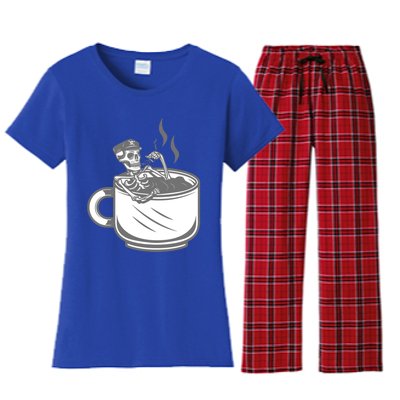 Halloween Skeleton Coffee Cup Vintage Retro Biker Great Gift Women's Flannel Pajama Set