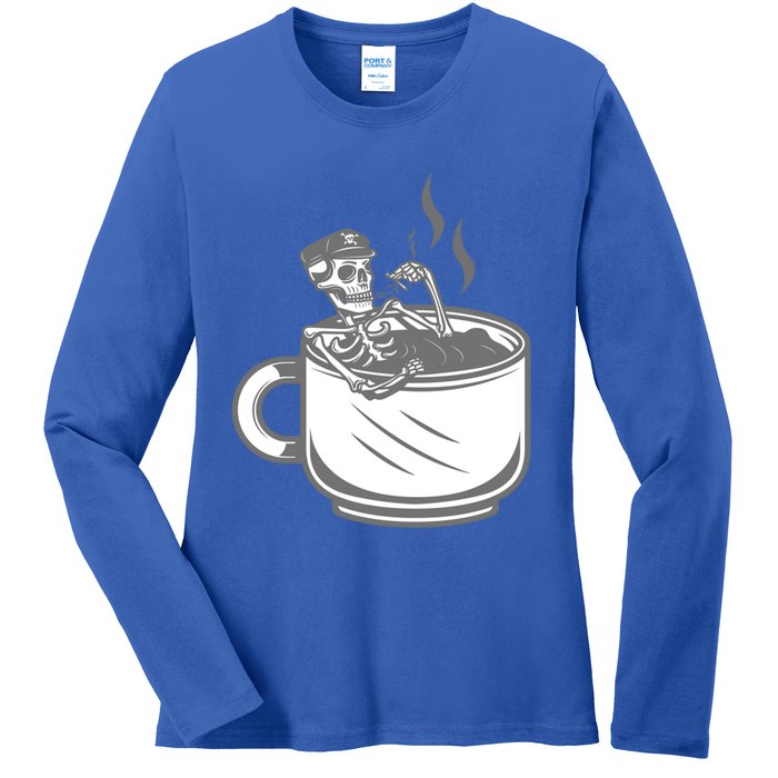 Halloween Skeleton Coffee Cup Vintage Retro Biker Great Gift Ladies Long Sleeve Shirt