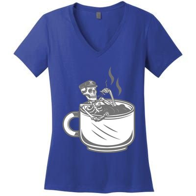 Halloween Skeleton Coffee Cup Vintage Retro Biker Great Gift Women's V-Neck T-Shirt