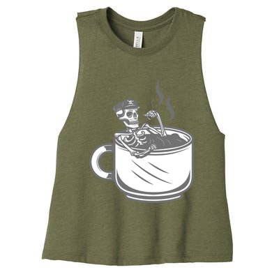 Halloween Skeleton Coffee Cup Vintage Retro Biker Great Gift Women's Racerback Cropped Tank