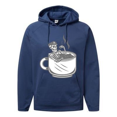 Halloween Skeleton Coffee Cup Vintage Retro Biker Great Gift Performance Fleece Hoodie