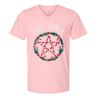 Hail Santa Candy Cane Pentagram Gothmas Funny Goth Christmas V-Neck T-Shirt