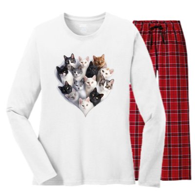 Heart Shape Cats Cat Lover Kitten Hearts Women's Long Sleeve Flannel Pajama Set 