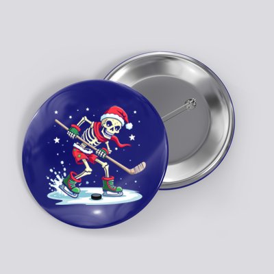 Hockey Skeleton Christmas Santa Hat Funny Holiday Sports Gift Button