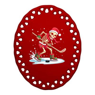 Hockey Skeleton Christmas Santa Hat Funny Holiday Sports Gift Ceramic Oval Ornament