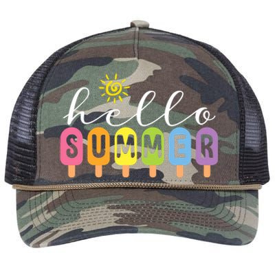 Hello Summer Cool Colorful Popsicle Graphic Summer Vacation Retro Rope Trucker Hat Cap