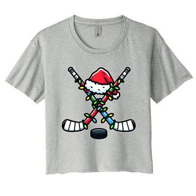 Hockey Sticks Christmas Santa Hat Xmas Lights Cool Gift Women's Crop Top Tee