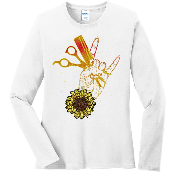 Hairstylist Sunflower Design Hippie Hair Salon Ladies Long Sleeve Shirt