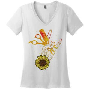 Hairstylist Sunflower Design Hippie Hair Salon Women's V-Neck T-Shirt