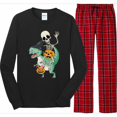 Halloween Skeleton Dinosaur Gift Pumpkin TRex Gift Long Sleeve Pajama Set