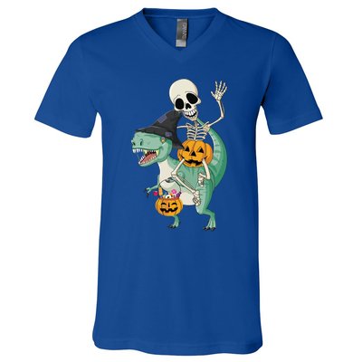 Halloween Skeleton Dinosaur Gift Pumpkin TRex Gift V-Neck T-Shirt