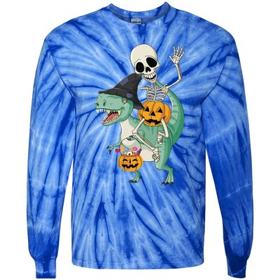 Halloween Skeleton Dinosaur Gift Pumpkin TRex Gift Tie-Dye Long Sleeve Shirt