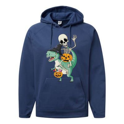 Halloween Skeleton Dinosaur Gift Pumpkin TRex Gift Performance Fleece Hoodie