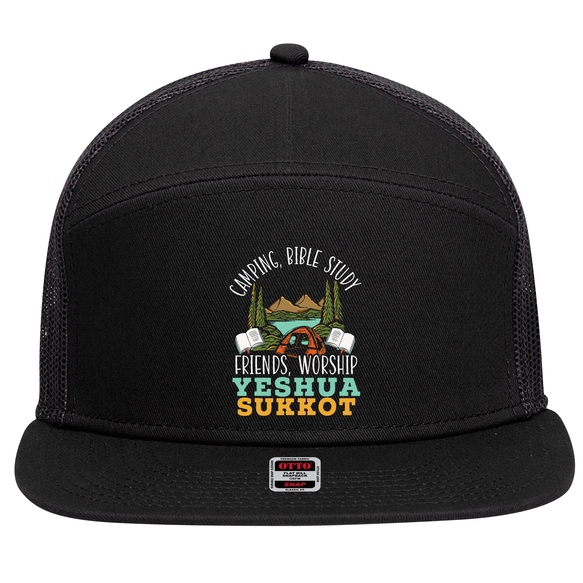 Happy Sukkot Day Lulav Palm Tree Israelite Jewish 7 Panel Mesh Trucker Snapback Hat