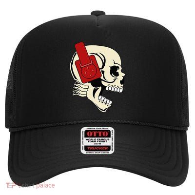 Headphone Skull Dj Halloween Creepy Edm Gift High Crown Mesh Back Trucker Hat