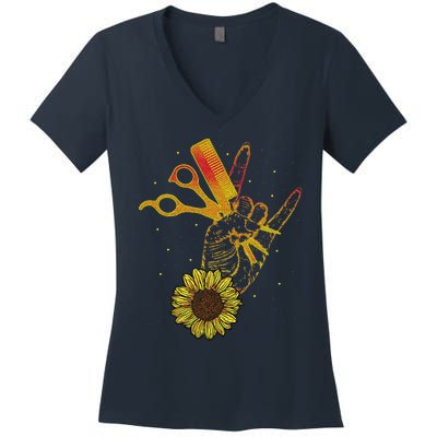 Hairstylist Sunflower Design Hippie Hair Salon Women's V-Neck T-Shirt