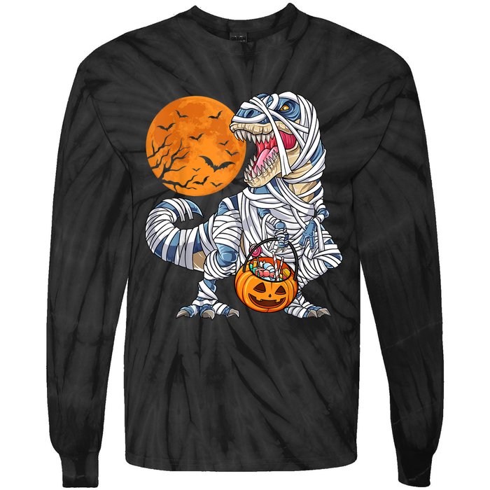 Halloween Shirts Dinosaur T Rex Mummy Pumpkin Tie-Dye Long Sleeve Shirt