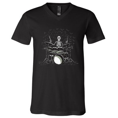 Halloween Skeleton Drummer Drumming Drumset Scary V-Neck T-Shirt