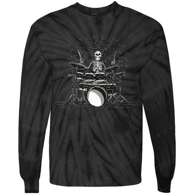 Halloween Skeleton Drummer Drumming Drumset Scary Tie-Dye Long Sleeve Shirt