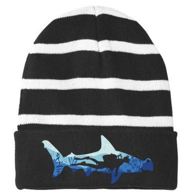 Hammerhead Shark Diver Ocean Striped Beanie with Solid Band