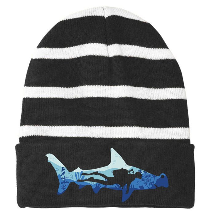 Hammerhead Shark Diver Ocean Striped Beanie with Solid Band