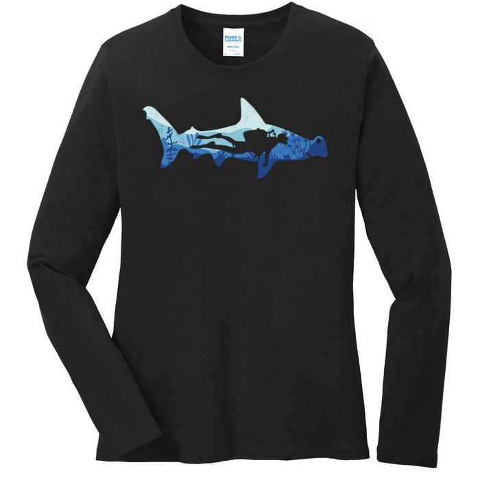 Hammerhead Shark Diver Ocean Ladies Long Sleeve Shirt