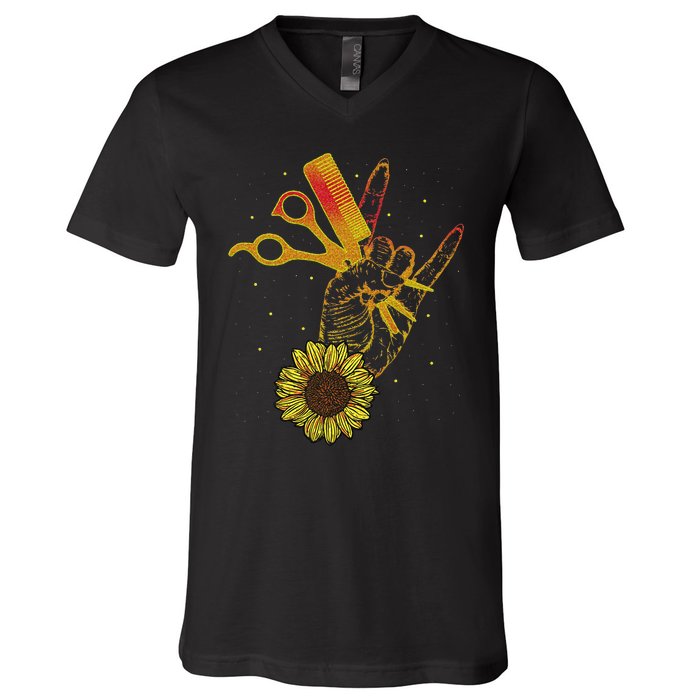 Hairstylist Sunflower Design Hippie Hair Salon V-Neck T-Shirt