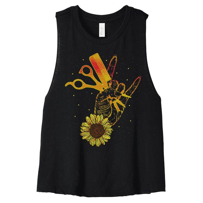 Hairstylist Sunflower Design Hippie Hair Salon Women's Racerback Cropped Tank