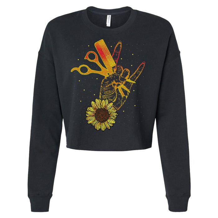 Hairstylist Sunflower Design Hippie Hair Salon Cropped Pullover Crew