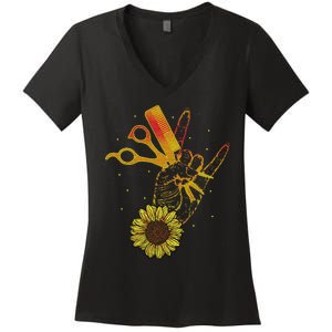 Hairstylist Sunflower Design Hippie Hair Salon Women's V-Neck T-Shirt