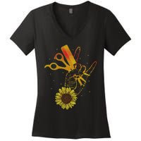 Hairstylist Sunflower Design Hippie Hair Salon Women's V-Neck T-Shirt