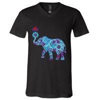 Henna Styled Elephant Lotus Flower Save The Elephants V-Neck T-Shirt