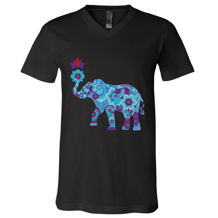 Henna Styled Elephant Lotus Flower Save The Elephants V-Neck T-Shirt