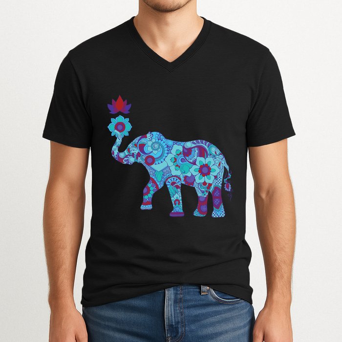 Henna Styled Elephant Lotus Flower Save The Elephants V-Neck T-Shirt