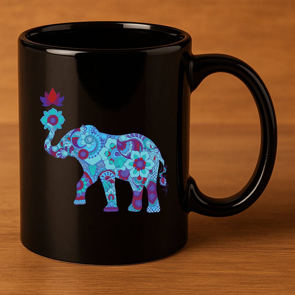 Henna Styled Elephant Lotus Flower Save The Elephants 11oz C Handle Ceramic Mug