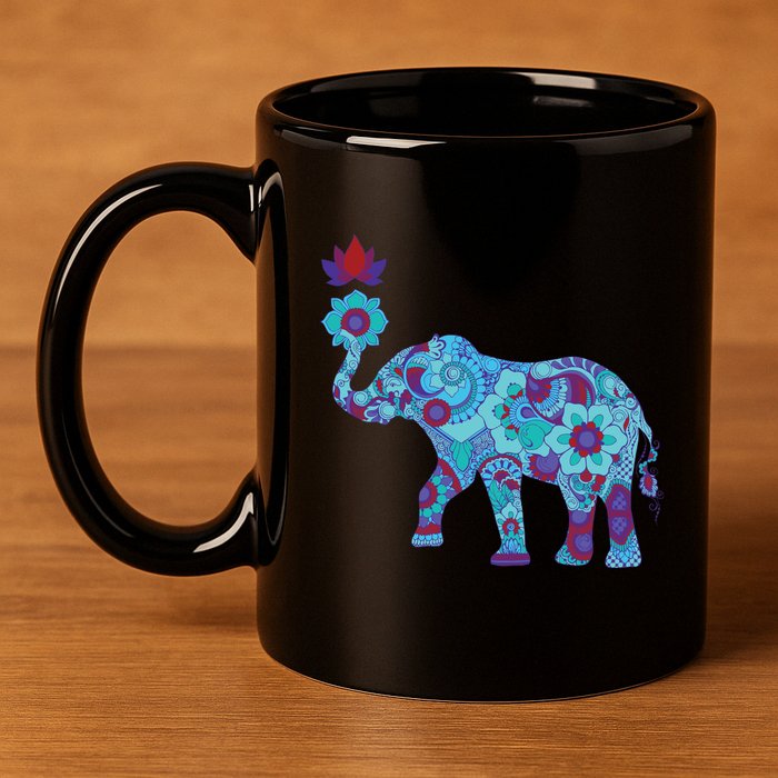 Henna Styled Elephant Lotus Flower Save The Elephants 11oz C Handle Ceramic Mug