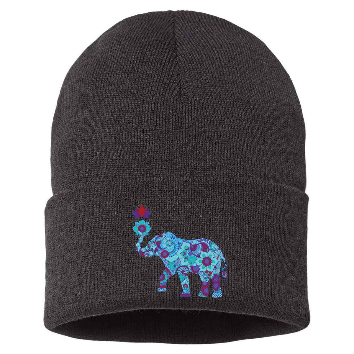 Henna Styled Elephant Lotus Flower Save The Elephants Sustainable Knit Beanie
