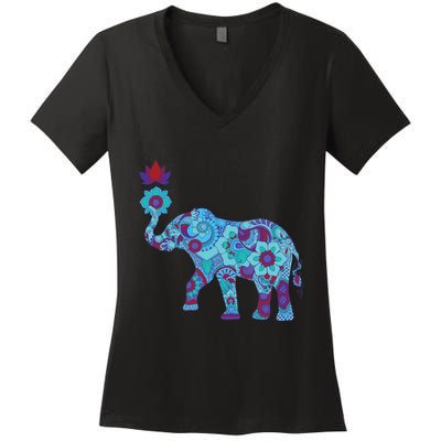 Henna Styled Elephant Lotus Flower Save The Elephants Women's V-Neck T-Shirt
