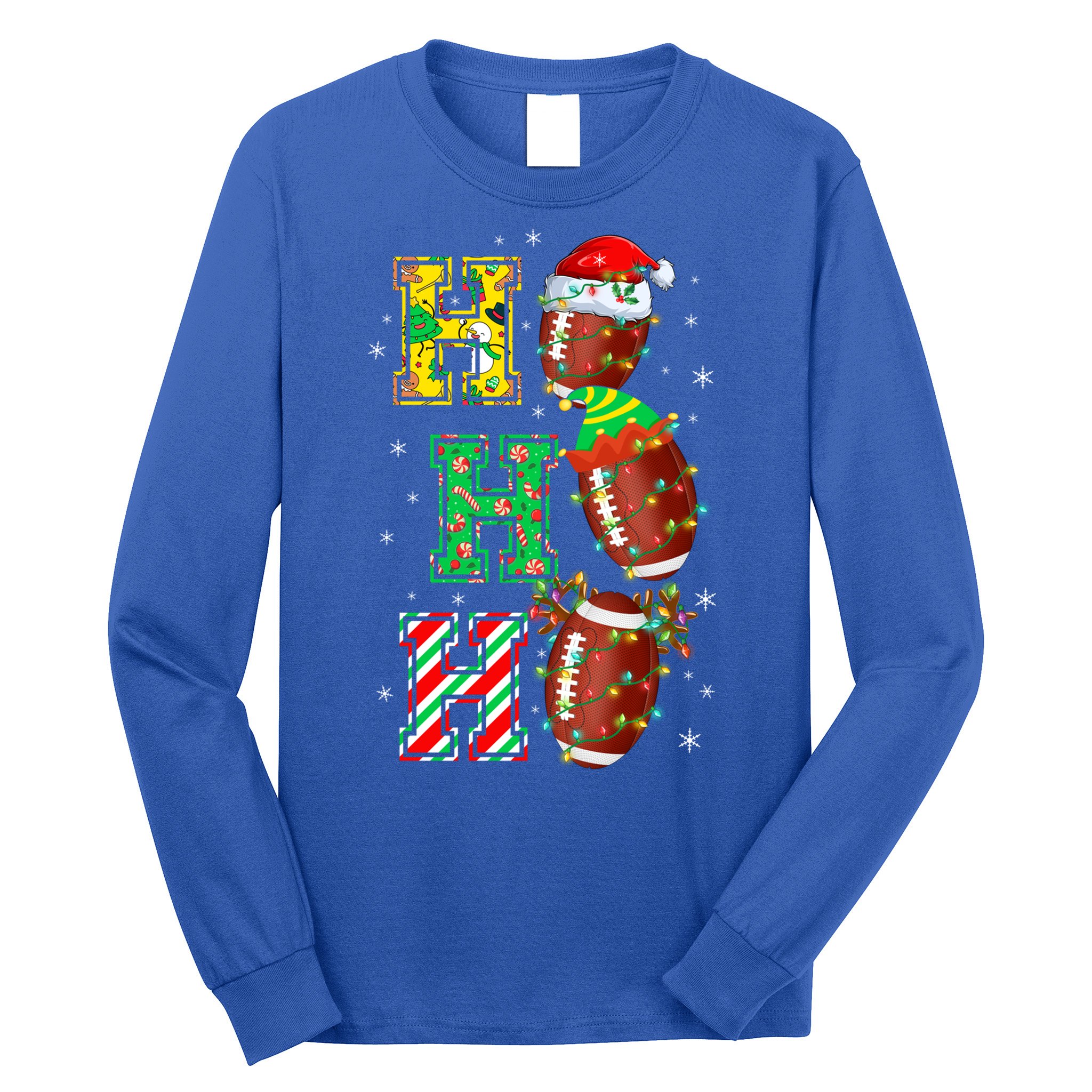 Hohoho Santa Elf Reindeer Football Balls And Christmas Lights Meaningful Gift Long Sleeve Shirt