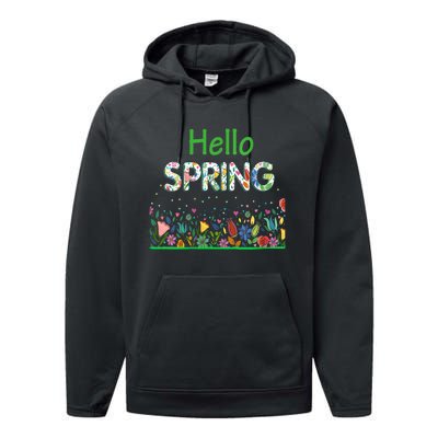 Hello Spring Flowers Bloom Floral First Day Of Spring Saying Performance Fleece Hoodie