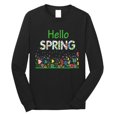 Hello Spring Flowers Bloom Floral First Day Of Spring Saying Long Sleeve Shirt