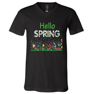 Hello Spring Flowers Bloom Floral First Day Of Spring Saying V-Neck T-Shirt