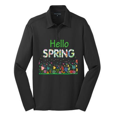 Hello Spring Flowers Bloom Floral First Day Of Spring Saying Silk Touch Performance Long Sleeve Polo