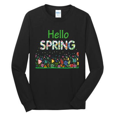 Hello Spring Flowers Bloom Floral First Day Of Spring Saying Tall Long Sleeve T-Shirt